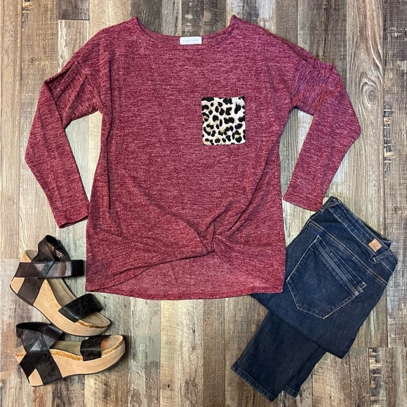 Burgundy Twisted Hem Top with Leopard pocket - Picture 2 of 9
